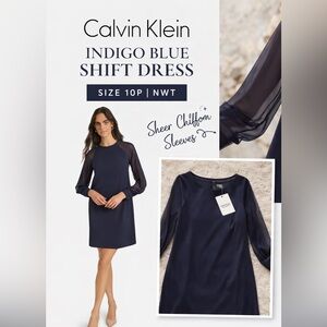 Calvin Klein Indigo Blue Shift Dress 10P NWT Sheer Sleeve Cocktail Office Dress